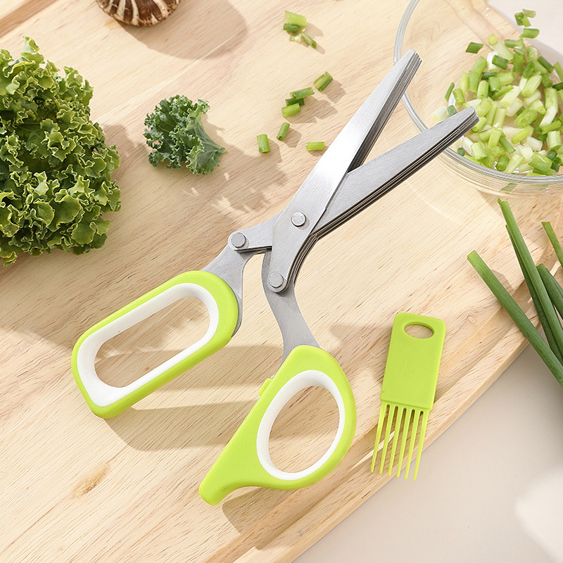 Cocina de cinco capas tijeras de cebolla de acero inoxidable multifuncional papel triturado picado artefacto de colia, cebolla de ciento, cuchillo de cebolla multicapa