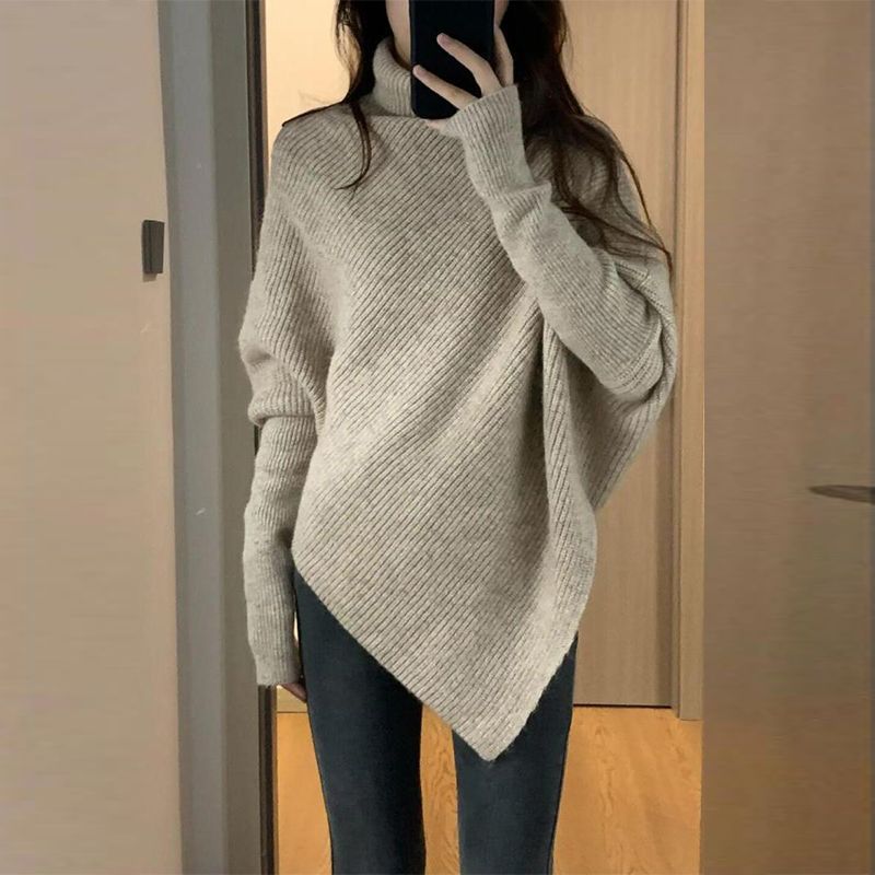 Suéter de punto suave estilo coreano 2023, holgado y informal, grueso, de cuello alto irregular, de color liso para mujer, ropa interior de otoño.