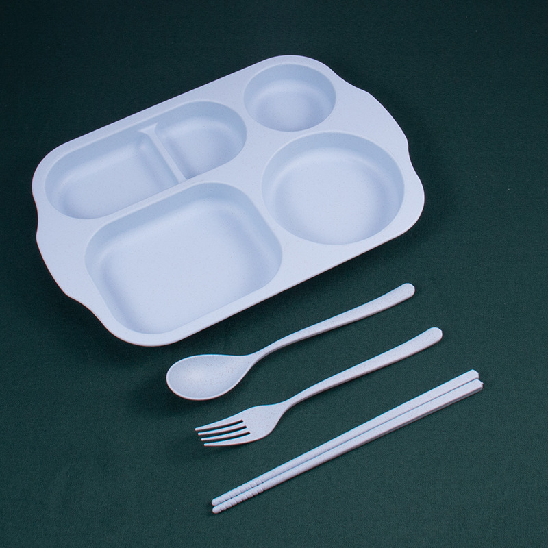 Paja DE TRIGO vajilla infantil conjunto de cuatro piezas engrosada estudiante compartimiento plato palillos tenedor cuchara 4 piezas cantina plato de arroz image 9