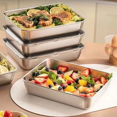 食品级不锈钢保鲜盒方盘冰箱收纳盒带盖烧烤凉菜盘果盘蒸鱼烤鱼盘
