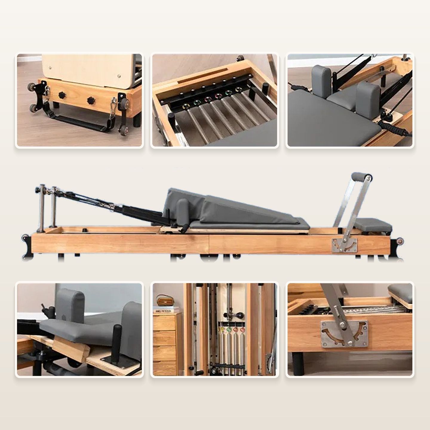 Cama de Pilates plegable, equipo de fitness para entrenamiento comercial en estudio de yoga, reformer.