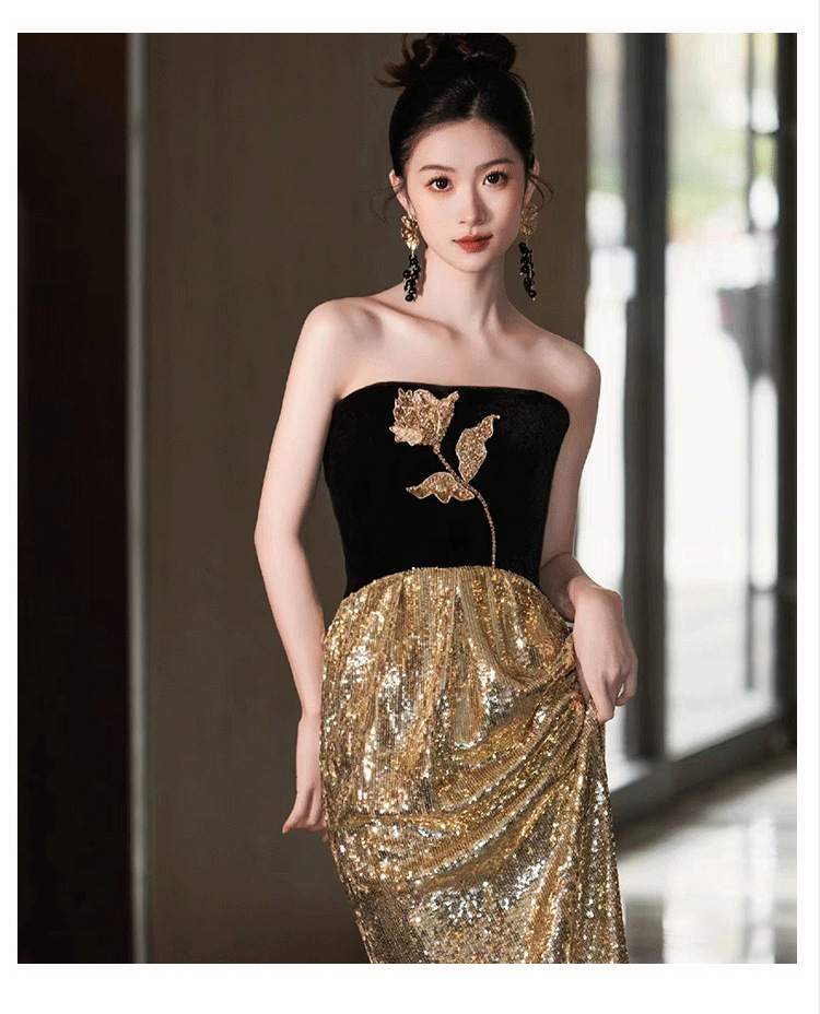 Đầm maxi nữ thắt eo kiểu Pháp, tay ống, phối sequin lấp lánh, dáng dài dự tiệc — Màu như hình chi tiết 8