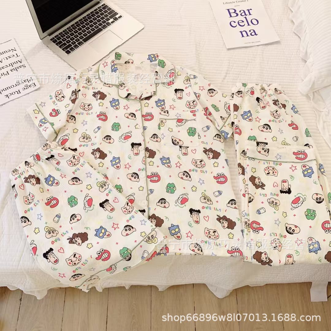 Hermosos pijamas de tela de rabu mujeres primavera y otoño verano nubes de algodón dulce mangas cortas pantalones cortos de tres piezas ropa para el hogar