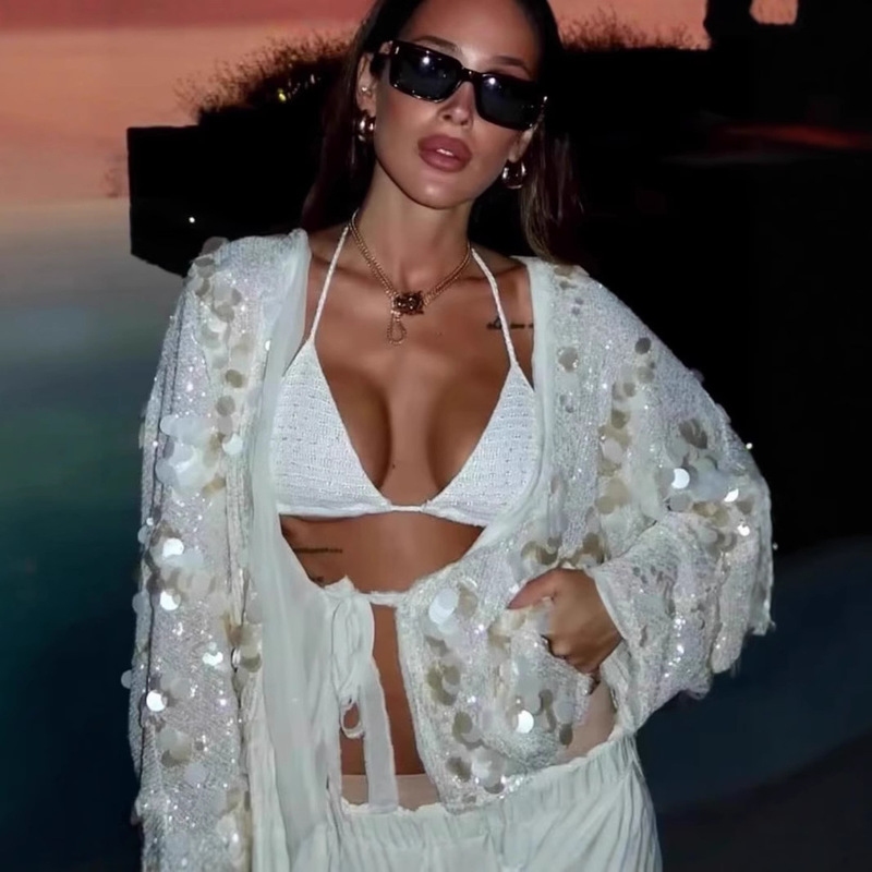 Cross-border AliExpress Europe and the United States new women's fashion kimono sequin top hot girl cardigan lace-up long sleeve coat