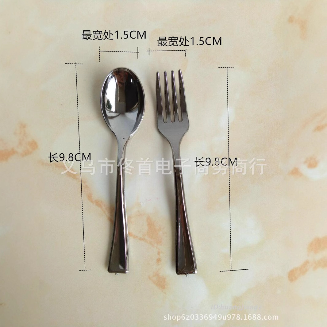 Cross-Border Disposable Ps Plastic Cake Electroplated Fork Spoon Mini Dessert Fork Pudding Spoon Mooncake Fork Silver