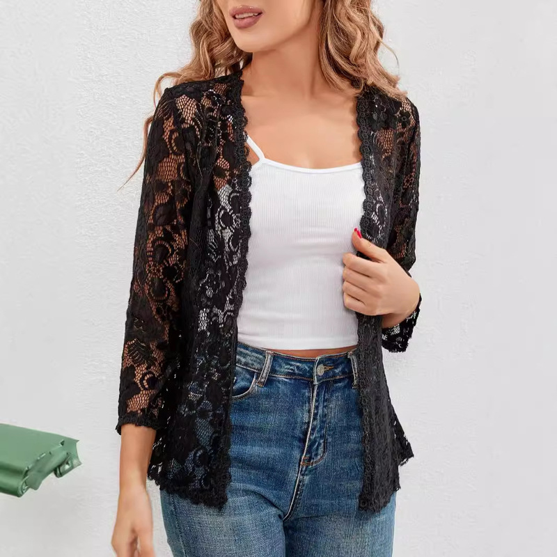 2025 Amazon European and American New Products Cross-Border Loose and Versatile Large Size Sun Protection Lace Top Cut Out See-Through Cardigan