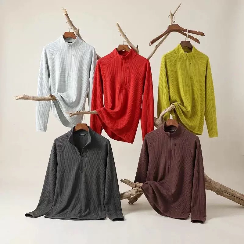 Lightweight waffle fabric heavy-duty men's skin-friendly breathable spring and autumn sports casual three-dimensional cut half-zip sweatshirt