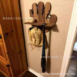 跨境木质置物架壁挂式棒球棒架手套挂架实木体育用品收纳架