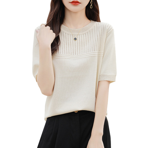 Summer solid color hollow knitted ice silk short-sleeved new design half-sleeved women's top for middle-aged mothers