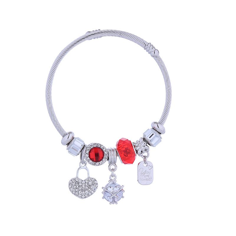 Pandora Style Heart Lock Bracelet Alloy Diamond Encrusted Bangle_voghion.com