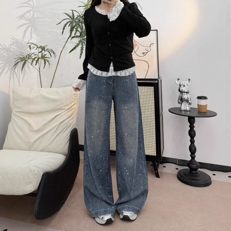 美式复古烫钻牛仔裤女2025新款满天星重工千禧辣妹爆闪直筒拖地裤|undefined