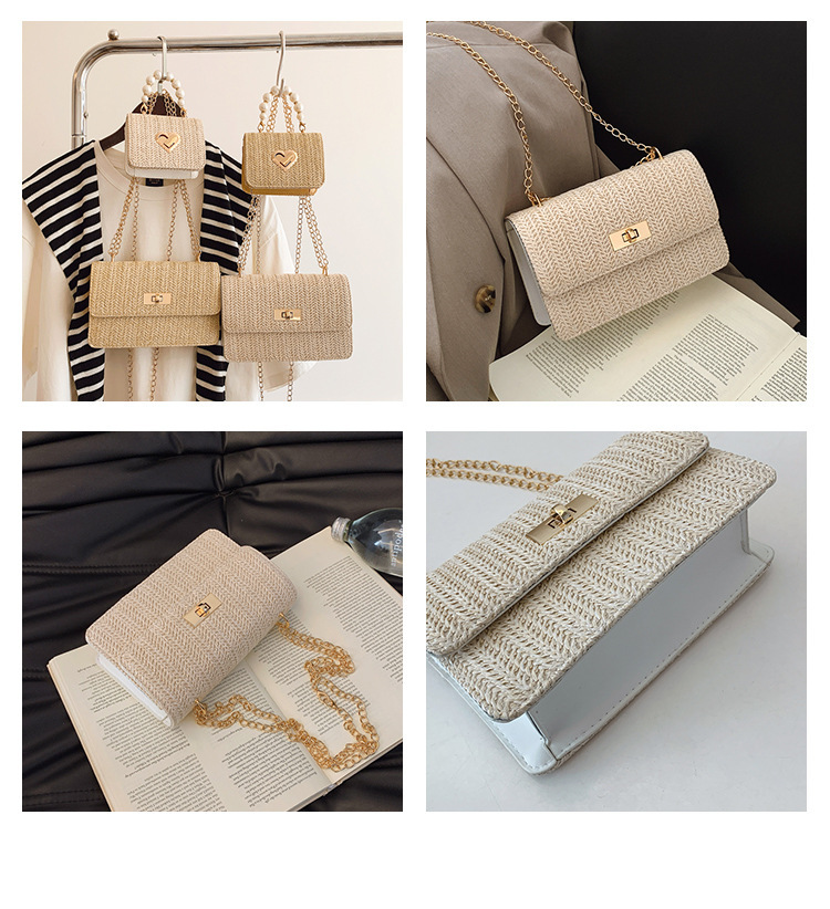 112g Weight Sewing Thread Fashion Element Lock clasp Closure Type Single Shoulder Strap Strap Type Straw Bag Bags Type Casual Occasion Straw Material Solid Color Pattern Spring&Summer Season Women's Gender Vacation Style Square Shape Women's Straw Solid Color Vacation Sewing Thread Square Lock Clasp Straw Bag 2