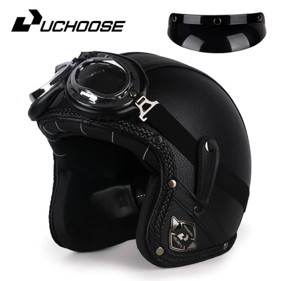 Four Seasons Retro Harley Helmet Leather Electric Vehicle 3/4 Half Helmet Big Turtle King Scooter Motorcycle Helmet (Motosiklet kaskı (dəbilqə)) - black-s