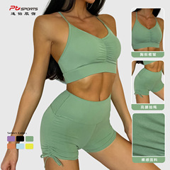 European and American tight-fitting yoga wear sports bra high-waisted nude running pants hip lifting fitness drawstring shorts winter