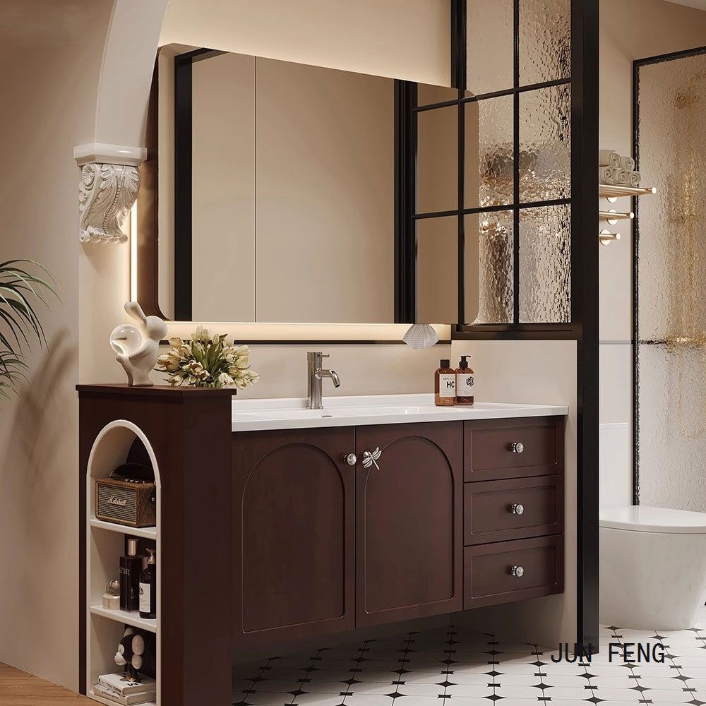 French Walnut Oak Bathroom Cabinet Combination Washbasin Cabinet Washbasin Bathroom Covered Antique Bathroom