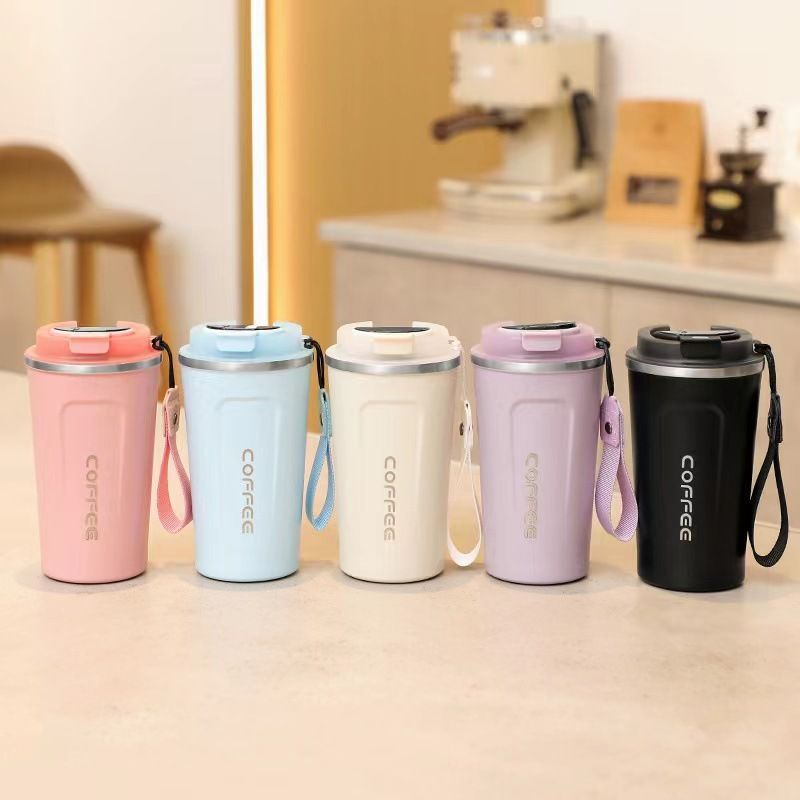 Taza de café inteligente de temperatura 304 taza de acero inoxidable portátil de cuerda de transporte de automóviles de oficina para hombres y mujeres con logotipo de impresión