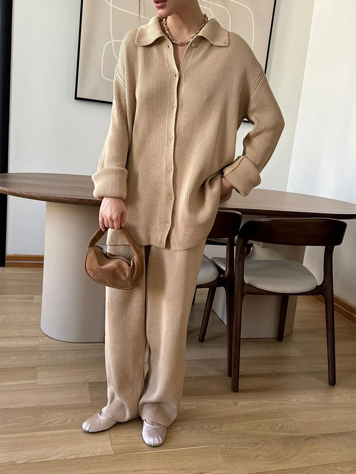 Bộ đồ dệt kim nữ dài tay cổ lật phong cách thanh lịch — Màu kaki, Màu mơ, Màu xám, Màu đen chi tiết 69