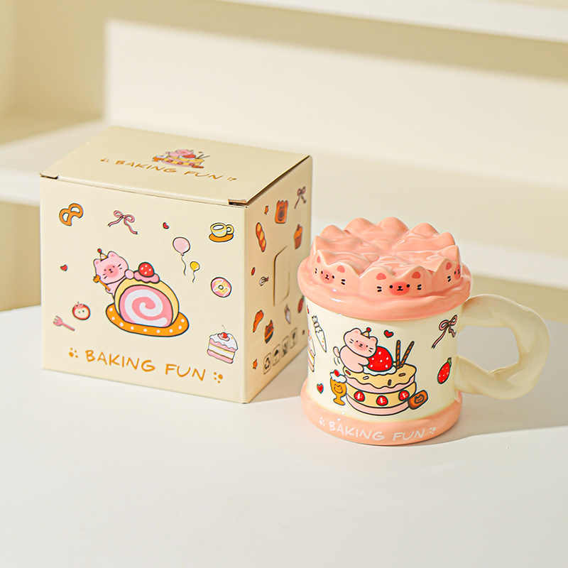 Tarta de cumpleaños pintada a mano, taza de gato, taza de cerámica de alta calidad con cubierta, taza de agua para niñas, taza de cerámica para parejas