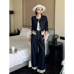 欧洲站2025春季新款长袖遮肉阔腿裤两件套蕾丝花边女装春秋套装女