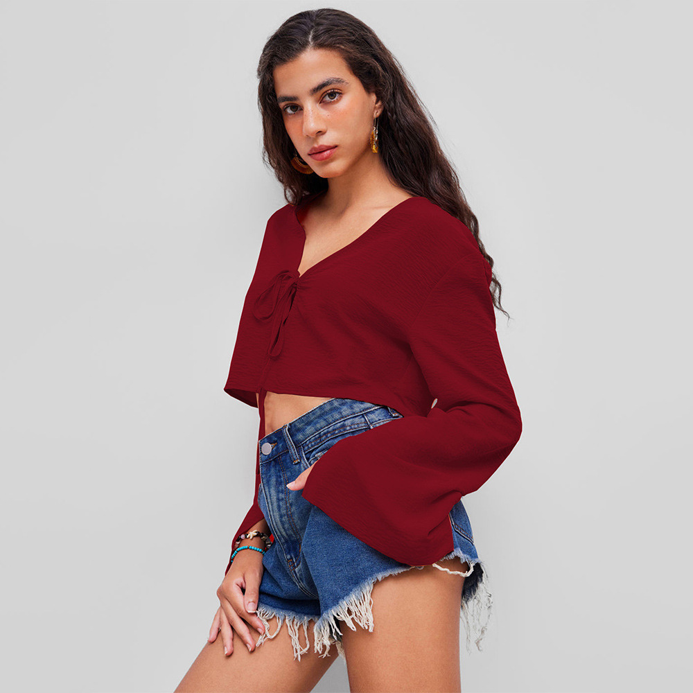 Voya 2026 Sexy V-neck T-shirt With Spring And Summer Chest Tie, Niche Burgundy Cardigan Top, Women's Clothing_ecoleips.com