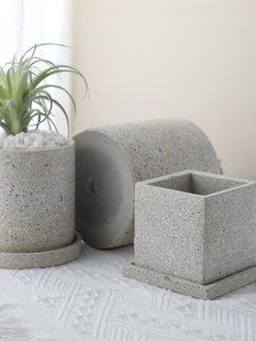 Scandinavian Simple Imitation Stone Cement Flower Pot Small Square Succulent Green Plant Money Tree Potted Cylindrical Breathable Indoor Tray