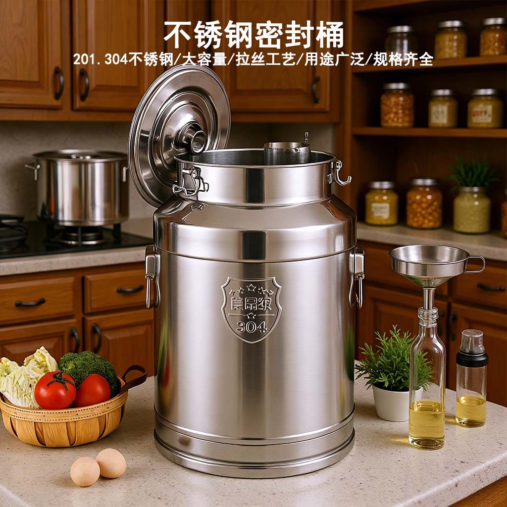 Factory Direct Sales 304 Stainless Steel Sealed Bucket Food-Grade Stainless Steel Sealed Jar Kitchen Storage Commercial Sealed Bucket