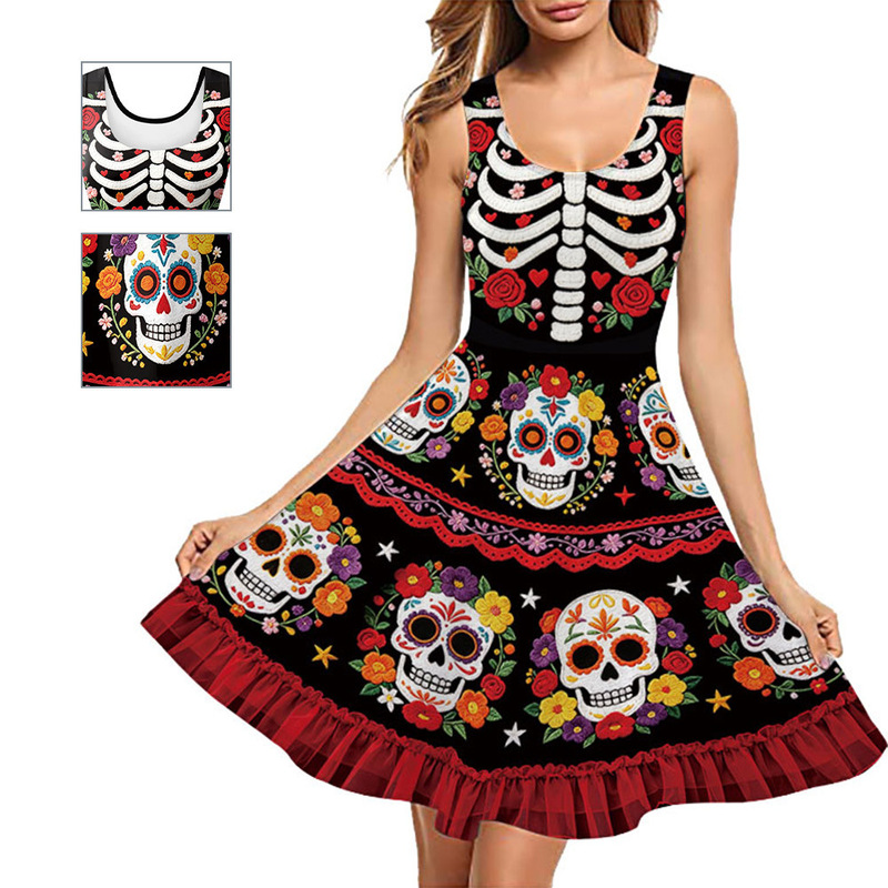 Cross-border Day of the Dead Skull Floral Print Sleeveless Dress Mexican Day of the Dead Skeleton Print Flared Dress