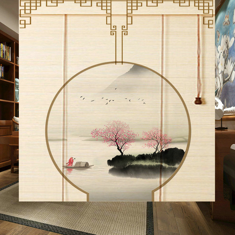 中式复古印花竹帘卷帘子升降窗帘背景墙茶室装饰遮光隔断卷门白色|undefined