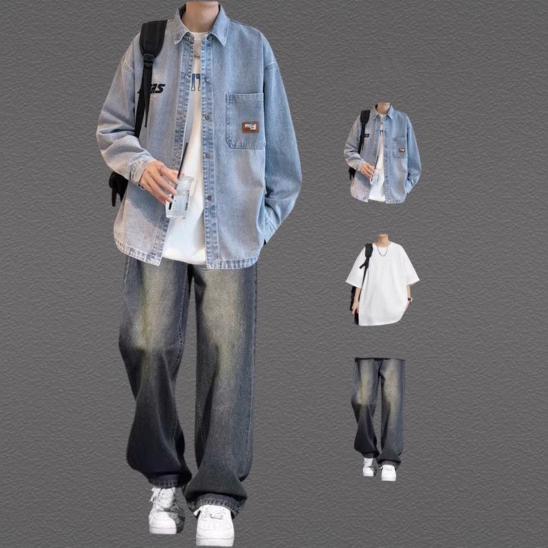 Trendy Long-Sleeved American Hiphop Style Shirt Men's Spring & Fall Suit Youth Denim Jacket Set with Matchinging Outfit