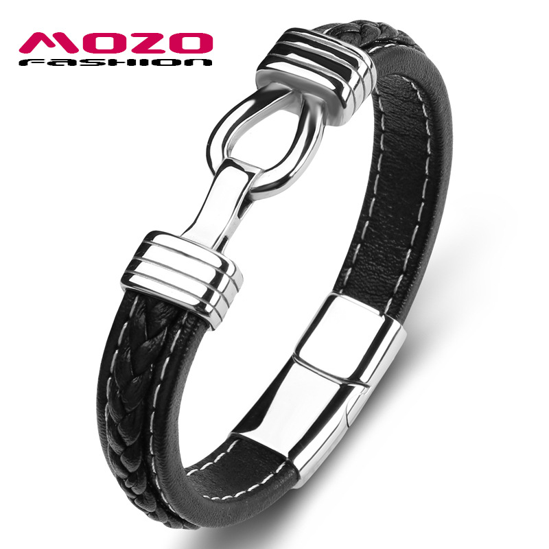 Factory wholesale Amazon explosions European and American men's titanium steel punk leather bracelet high-end stainless steel bracelet