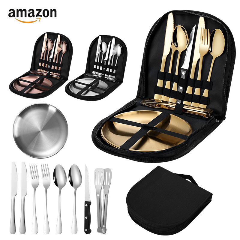 Cross-border Amazon stainless steel outdoor tableware suit knife, fork and spoon plate portable camping camping tableware bag full set