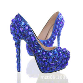 性感夜店宝蓝色跟女鞋 圆头细跟大码女鞋防水台水钻女单鞋