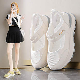 Zyk03 Velcro White Shoes 2025 Summer Mesh Cut Out Breathable Mesh Shoes Soft Sole Slip-On Sandals