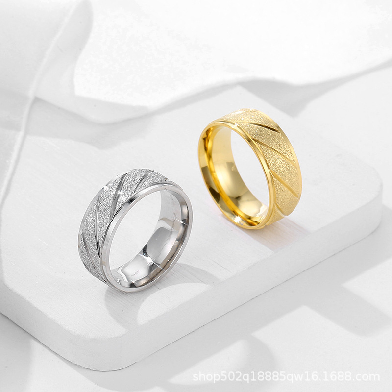 New Hip-Hop 8mm Twill Pattern Frosted Titanium Steel Ring Stainless Steel Meteor Shower Pattern Ring Trendy Men's Gold-Plated