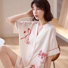 2023夏季新款睡衣女仿真丝短袖家居服可外穿两件套装