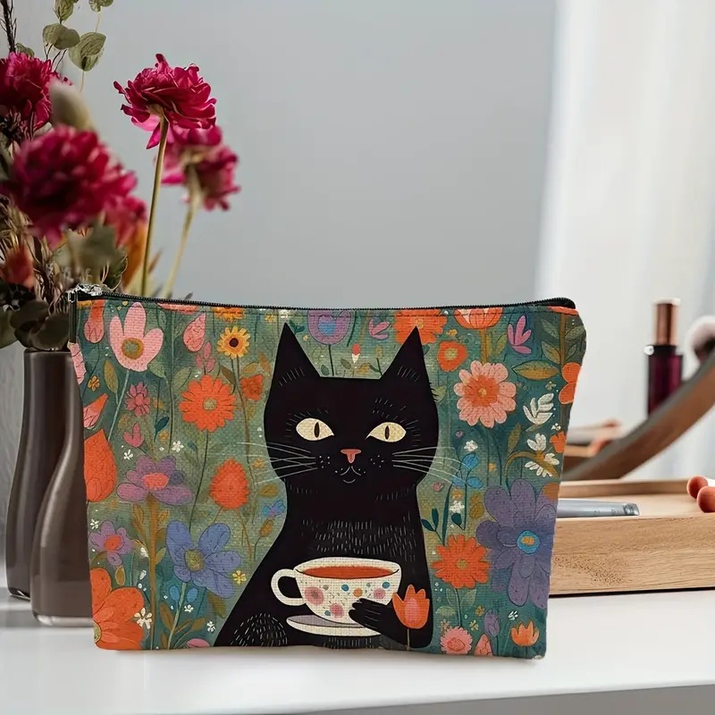 Transfronterizos Amazon maquillaje de damas retro gatos diseño creativo maquillaje bolsa de almacenamiento lino cremallera impermeable