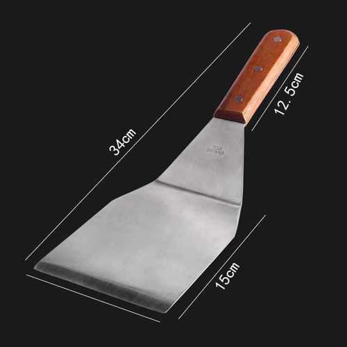 Stainless steel pancake shovel, iron plate, squid pressure shovel, cooking shovel, wooden handle, hand-grabbed cake shovel, enlarged and thickened large flat shovel