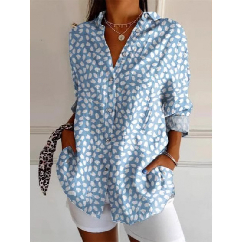 2023 European and American Amazon 3D Digital Printing Abstract Pattern Women's Long-Sleeved Buckle Linen Shirt