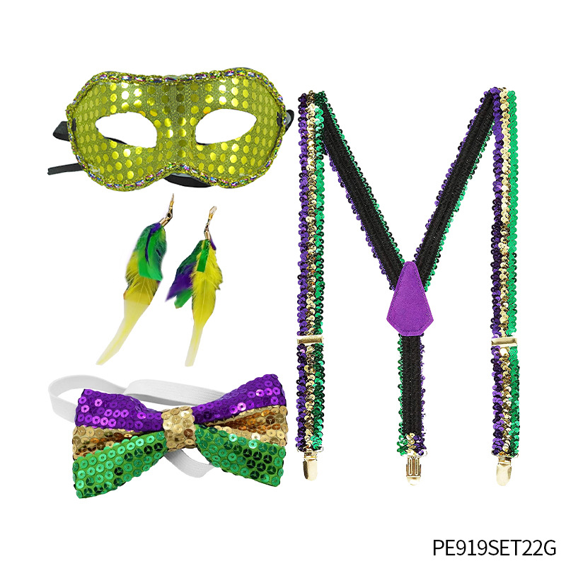 Accesorios para el Cabello de Carnaval de Mardi Gras, Máscara Tricolor, Corbata de Moño, Cadena de Cuentas Electrochapadas, Conjunto para Fiesta de Carnaval