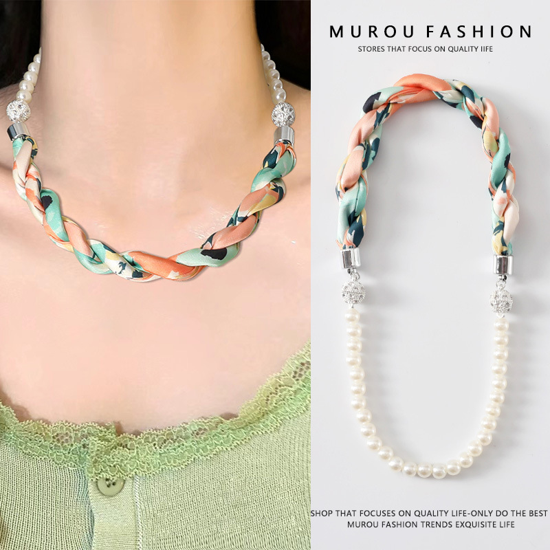 더블 마그네틱 버클 비즈 체인/라이트 그린 길이 45cm