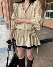 韩国chic春秋百搭韩系小众时尚抽绳收腰显瘦荷叶边连衣裙短裙