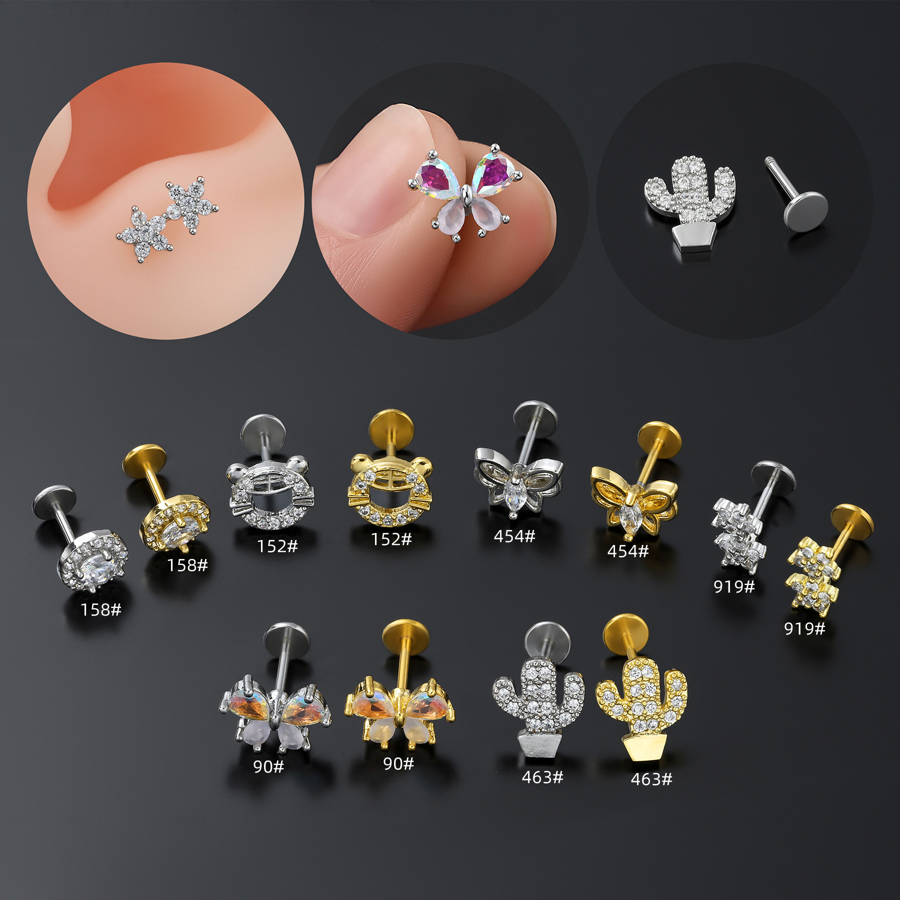 New Arrival Cross-Border Geometric Lip Studs — Stylish, Creative, and Trendy Piercing Jewelry with Flat Base and Internal Thread for Cartilage Piercings
