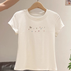 纯棉小烫钻小清新气质时尚正肩设计短袖T恤女夏季ins百搭修身上衣