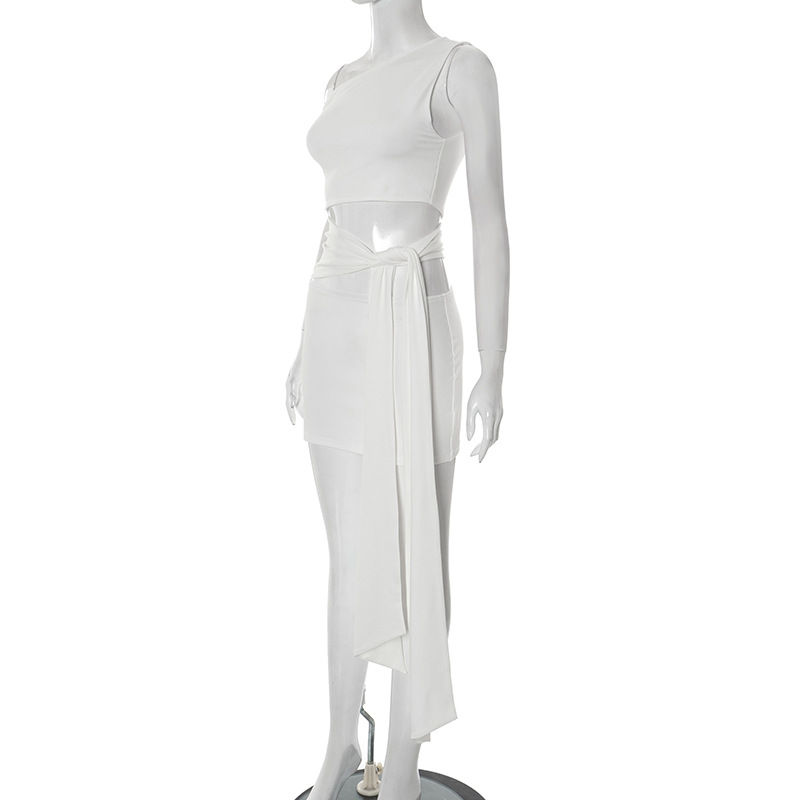 Women's Clothing European And American Style Women's Off-Shoulder Dress Summer Fashion Street Style Sleeveless Slim Fit Tie Waist Short Dress_ecoleips.com