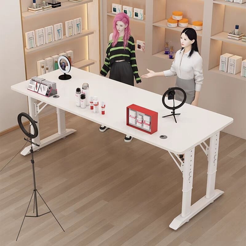 Live streaming table for hosts, double-seater gaming table, influencer product display stand, movable and adjustable height computer desk Live streaming table for hosts, double-seater gaming table, influencer product display stand, movable and adjustable height computer desk