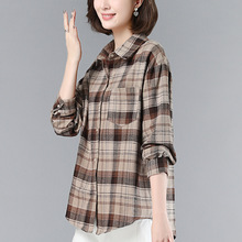 中长款格子衬衫女2022韩版大码宽松纯棉中年妈妈长袖衬衣上衣百搭