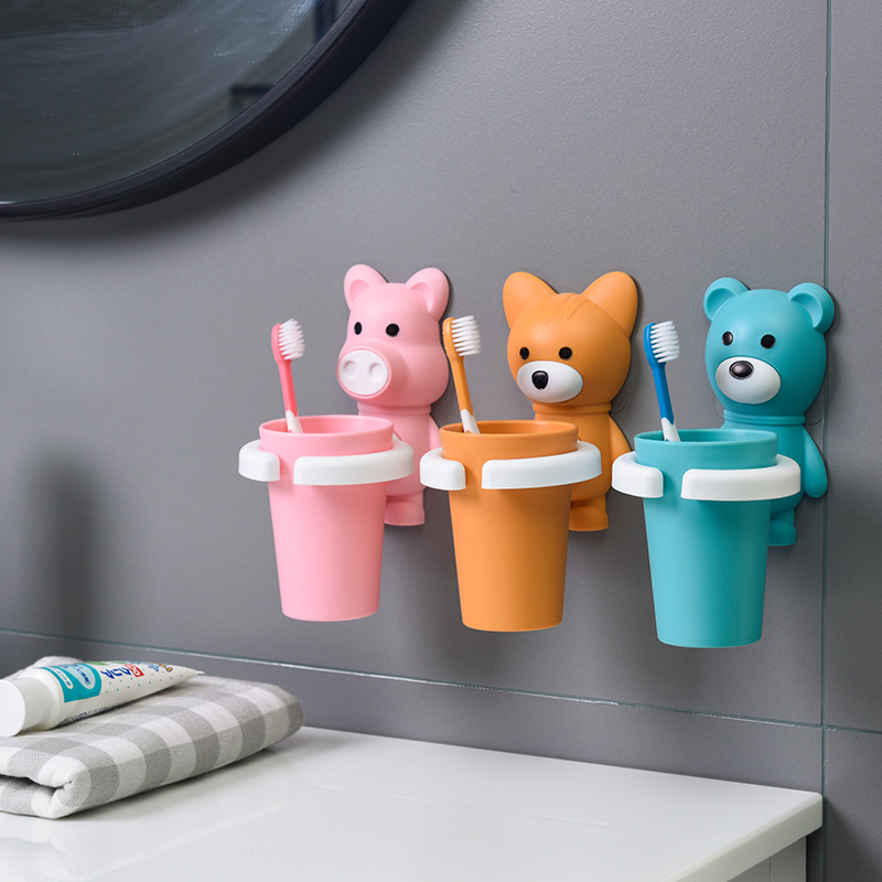 Cartoon Creative Toothbrush Set for Babies, with suction cup and hanging design, children's toothbrush cup