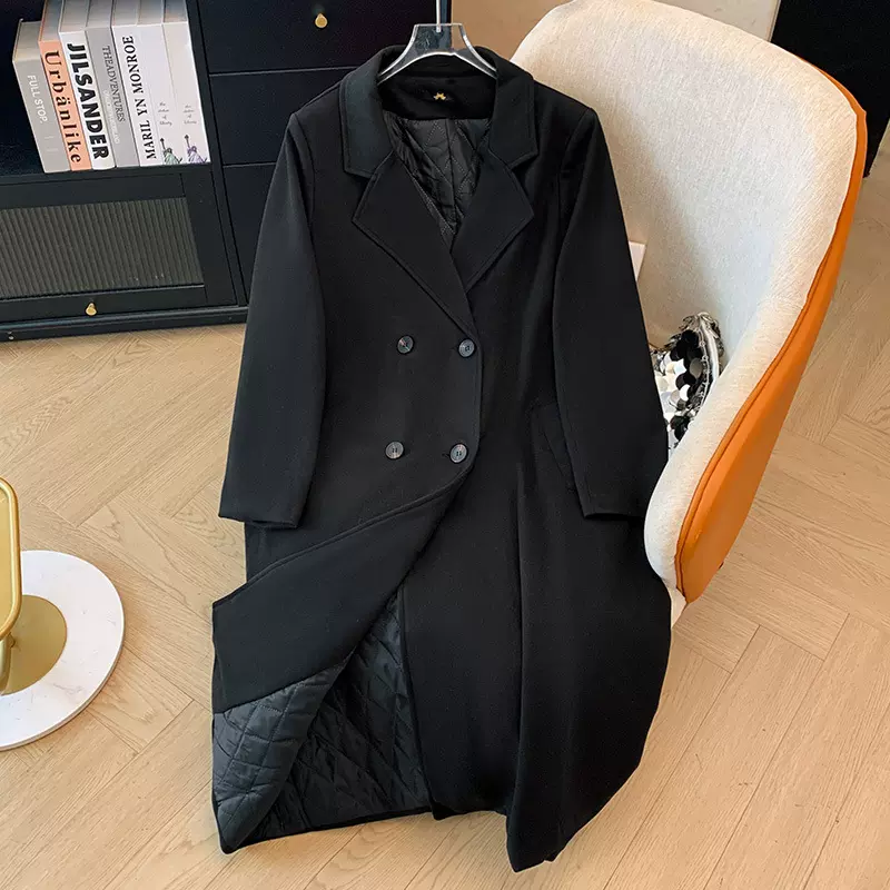 300斤大码女装胖mm冬厚款夹棉大衣长款风衣通勤风外套2024冬新款