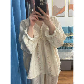 设计感花边长袖棉纱睡衣女春秋2025年新款舒适纯棉长裤家居服套装