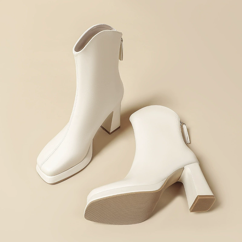 Французские короткие женские сапоги на высоком каблуке, с толстым каблуком, водонепроницаемой платформой, застежкой-молнией сзади, новые осенне-зимние сапоги на высоком каблуке в корейском стиле 2025 года на флисовой подкладке.